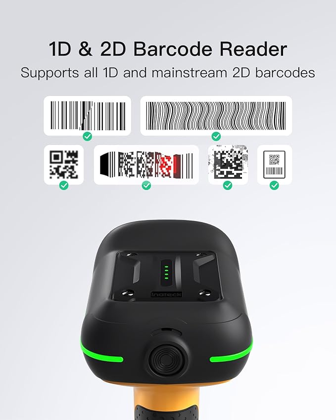Inateck Industrial Barcode Scanner Wireless, 2D QR Code Scanner with Smart Charging Stand, IP67 Waterproof and Dustproof, Barcode Reader with 2600mAh Battery，Handscanner with App & SDK, BCST-75S-DeskLoop Office
