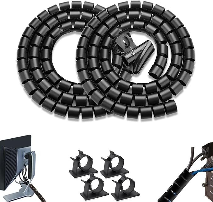 PC Cable Management Sleeve Tube Desk Cord Organizer 2 PCS Black, 7/8 inch -5 ft by FANOSHONOFFICIAL