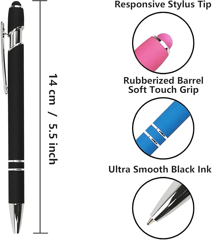 Ballpoint Pen with Stylus Tip, Soft Touch Click Metal Pen, 1.0mm Medium Point, Black Ink, 12 Count(Black)-DeskLoop Office