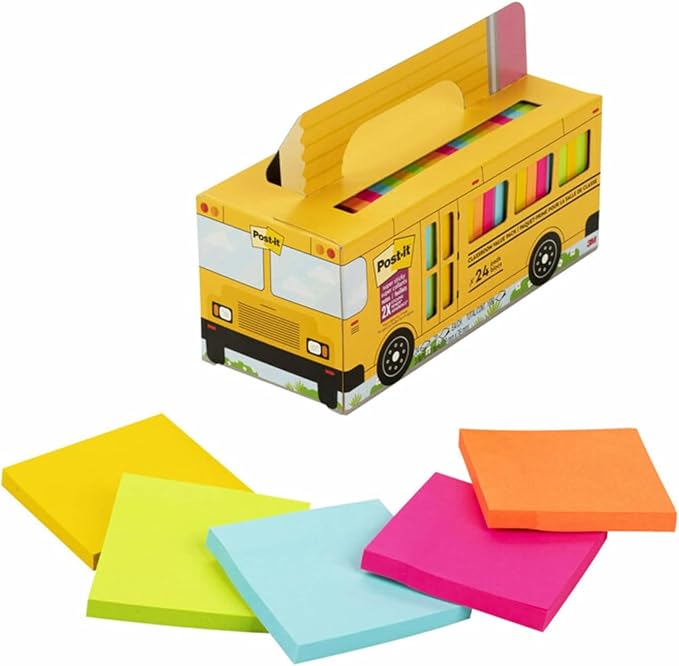 Post-it Super Sticky Notes Value Pack, 24 Pads, Convenient School Bus Carry and Storage Case, 2X The Sticking Power, 3x3 in, Bright Colors (Orange, Pink, Blue, Green, Yellow), Recyclable (654-24SSBUS)-DeskLoop Office
