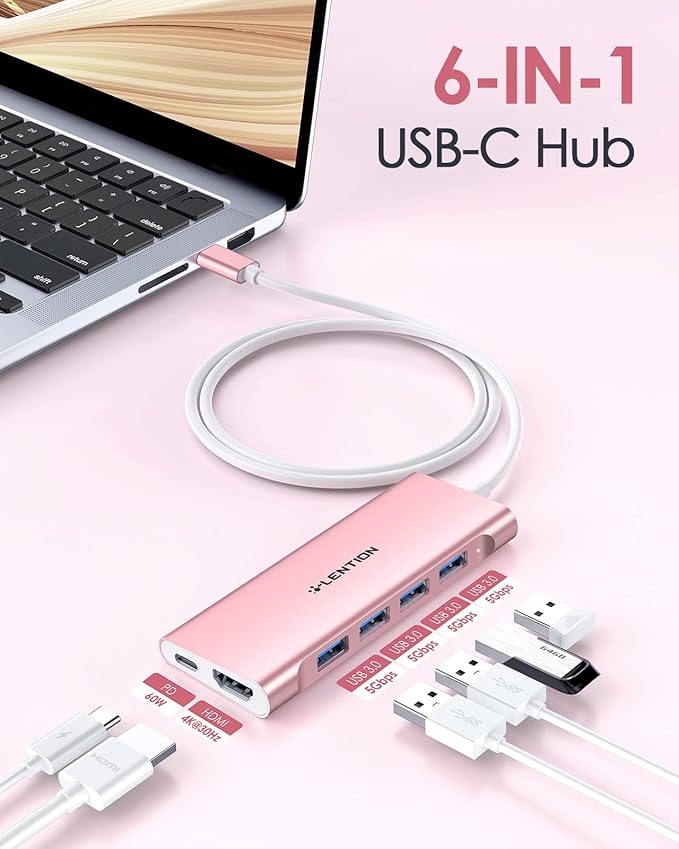 LENTION 3.3FT Long Cable USB C Multiport Hub with 4K HDMI, 4 USB 3.0, Type C Charging Compatible 2023-2016 MacBook Pro, New Mac Air/iMac/Mac Mini, More, Stable Driver Adapter (C35-1M, Rose Gold)-DeskLoop Office