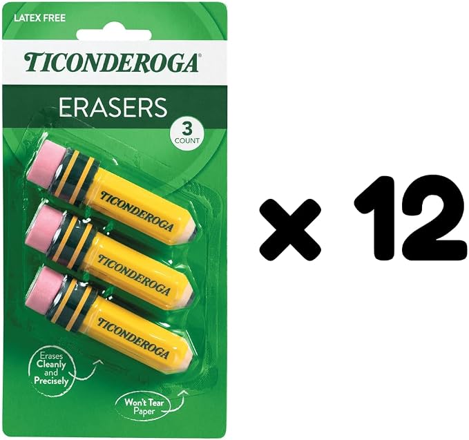 Ticonderoga Pencil Shaped Erasers, 3 Erasers/Pack, 12 Packs | Yellow, 0.75" x - Image 4
