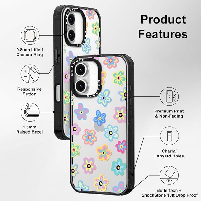 MOSNOVO Case for iPhone 16 Plus, [10ft 4X Military-Grade Drop Protection] Durable & Shockproof Phone Case Cover Design for iPhone 16 Plus - Groovy Flower - Clear Black-DeskLoop Office