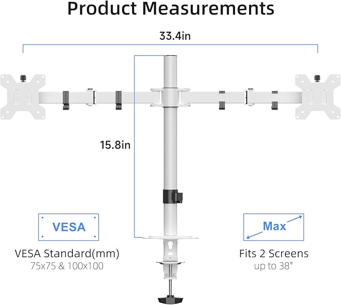Suptek Dual Monitor Desk Mount, Adjustable Dual Monitor Arm for 2 Monitor Screens up to 38 inch, Extra Tall 15.75" Pole Monitor Stand for Desk, Holds up to 22 lbs,White(MD9442MW)-DeskLoop Office