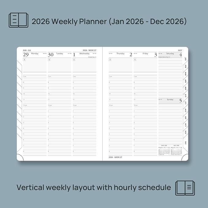 POPRUN 2026 Planner (Medium - 6.5'' x 8.5'') - 2026 Weekly Calendar ((Jan. 2026 - Dec. 2026) with Hourly Time Slots, Weekly/Monthly Appointment Book for Time Management - Leather Soft Cover - Green