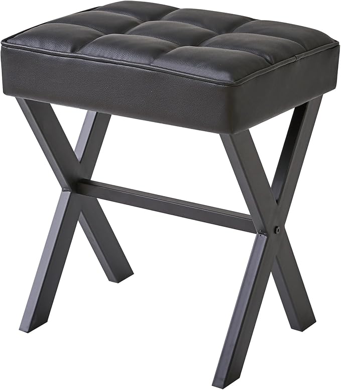 IBUYKE Square Makeup Stool with X-Leg Foot Rest, PU Footrest, Ottoman Seat Vanity Stool, Multi-Use as Small Side Table, for Bedroom, Living Room, Black LG-71B-DeskLoop Office