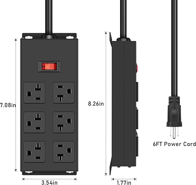 JUNNUJ Heavy Duty 20 Amp Power Strip, Garage 6 Outlets Metal 12 Gauge Surge Protector 3000J, High Amp 5-15P Adapter Shop 6-20R T-Slot Industrial (6AC, 6FT)-DeskLoop Office