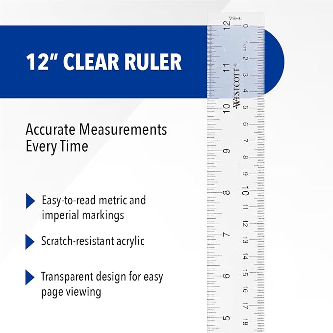 Westcott Acrylic Clear Rulers Set, Easy-to-Read Markings, Scratch-Resistant - Image 2