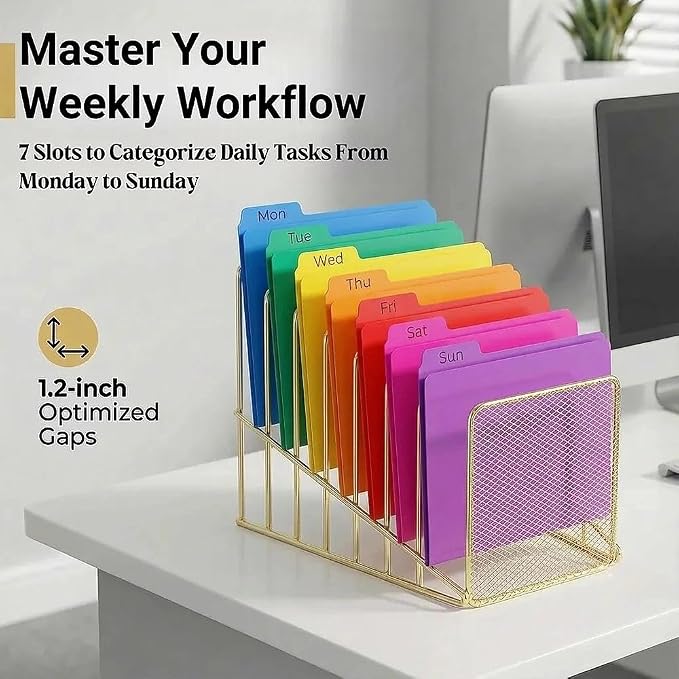 Gold Desk Organizer 7 Slot Inclined Vertical File Folder Holder Sorter - Image 2