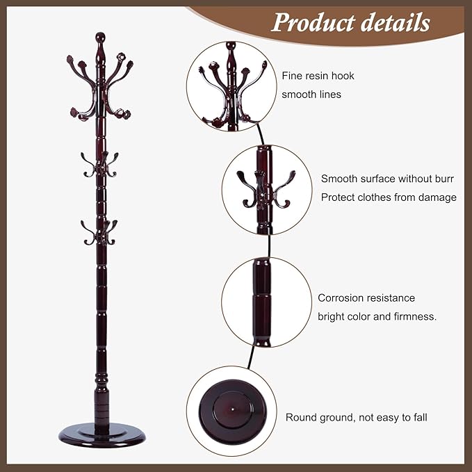Wooden Coat Rack Freestanding, Vintage Coat Racks with Sturdy Round Base, Adjustable Height 37.40"-72.83" Entrance Coat Rack for Bedroom Living Room Entryway (Rosewood Ruyi Hook)-DeskLoop Office