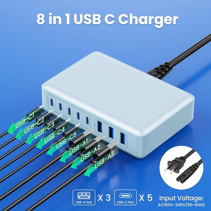 USB C Charger 300W USB C Charger Block 8-Ports GaN IV Fast Charging Station,PD 100W Laptop Charging Hub Wall Adapter Compatible with MacBook/Air,DELL,Steam Desk,iPhone 16/15/14,Galaxy S24 etc-DeskLoop Office