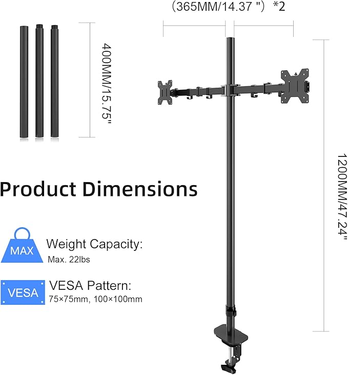 Pholiten Extra Tall Dual Monitor Stand, Dual Monitor Mount, Desk Mount up to 47 inch Pole, 2 Monitor Stand, Computer Monitor Arm, Fully Adjustable Stand for up to 27 inch Screens-DeskLoop Office