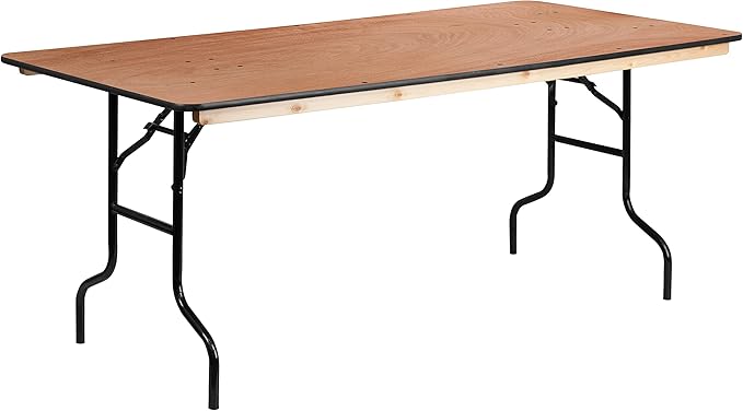 Flash Furniture Fielder 6' Rectangular All-Occasion Wood Folding Event Table, Foldable Portable Banquet Table with Wooden Top, Natural/Black-DeskLoop Office