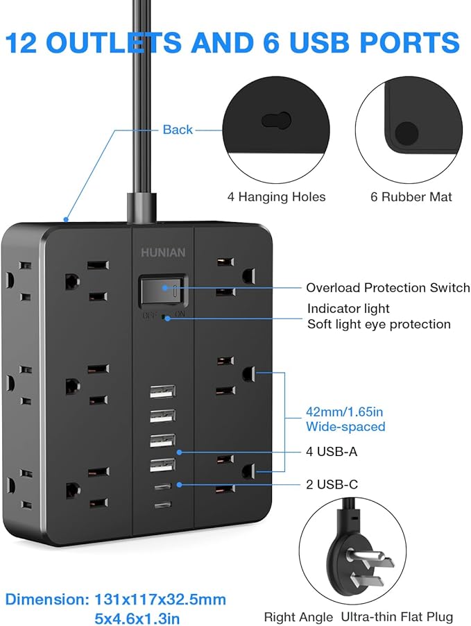 Flat Plug Power Strip Surge Protector, HUNIAN 5 Ft Extension Cord with 12 Widely Spaced Multiple Outlets 6 USB Charger (2 USB C Ports), Desk Charging Station for Home Office Supplies, Black-DeskLoop Office
