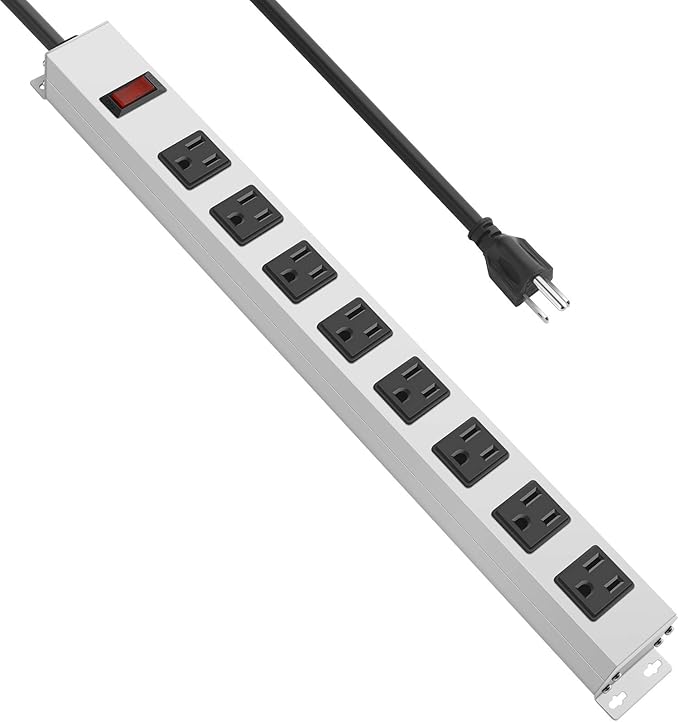 JUNNUJ Metal 8 Outlet Power Strip, Mountable Heavy Duty Power Strip, 1200J Surge Protector Wall Mount Screws Outlet with Switch, Gaming Desk Strips Wide Spaced 15A 125V 1875W, 10 FT 14AWG Power Cord-DeskLoop Office