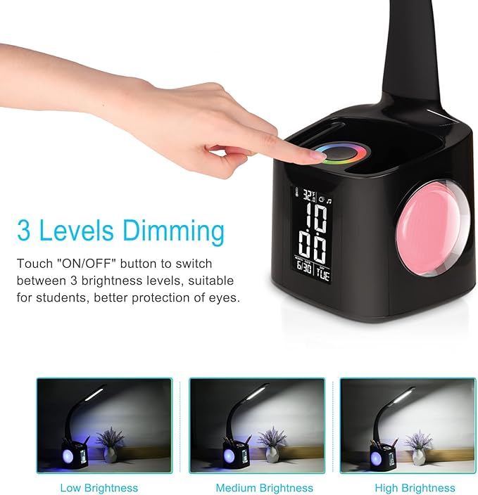 LED Desk Lamp with Clock,Color Changing Nightlight,Study Lamp with Pen Holder,Desk Light with USB Charger,Table Light for Home,Office,Gift for Kids,Students,Women,Black