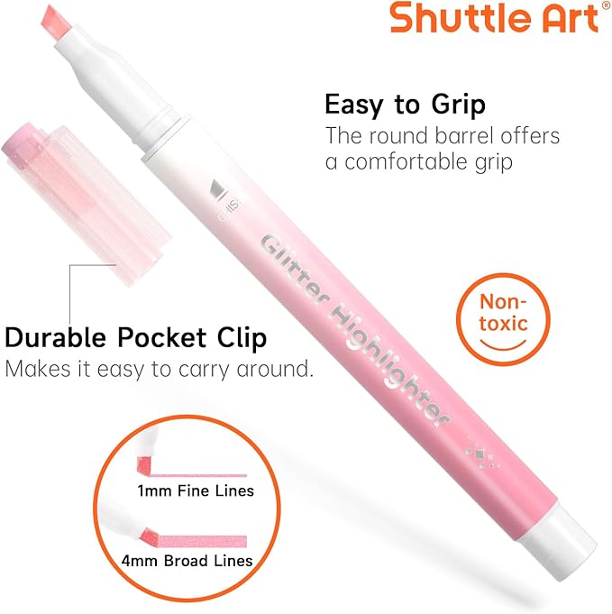 Glitter Highlighters, Shuttle Art 10 Sparkle Colors Chisel Tip Fluorescent Markers, Quick-Dry Non-Toxic Aesthetic Shimmer Highlighter Pens for Kids Teens Adults, Perfect for School Office Art Supplies-DeskLoop Office