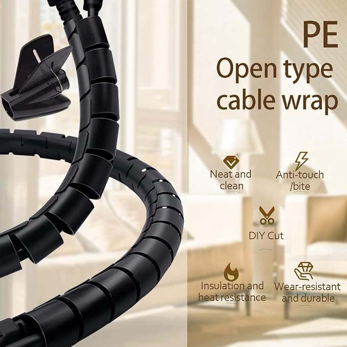 Black Computer Cable Management Sleeve Tube Under Desk Cord Organizer, 7/8 inch - Image 4