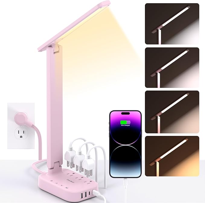 Dorm Room Essentials for Girls, Pink Power Strip with LED Desk Lamp, 3 Outlets 4 USB Ports, 4 Modes 5 Level Touch Lamp Small Desk Lamp for Home Office Bedroom Study Reading Light, 5ft Extension Cord-DeskLoop Office