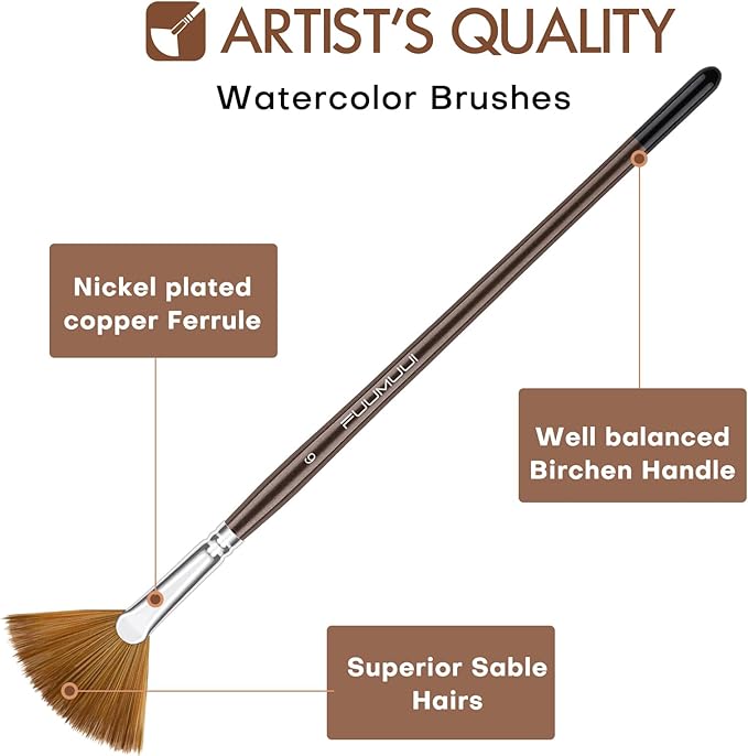 Sable Watercolor Brushes Professional, Fuumuui 7Pcs Sable Brush Set Variety Shapes with Flat, Round Pointed, Cat's Tongue Oval Wash Fan Brush Perfect for Watercolor Gouache Inks Painting-DeskLoop Office