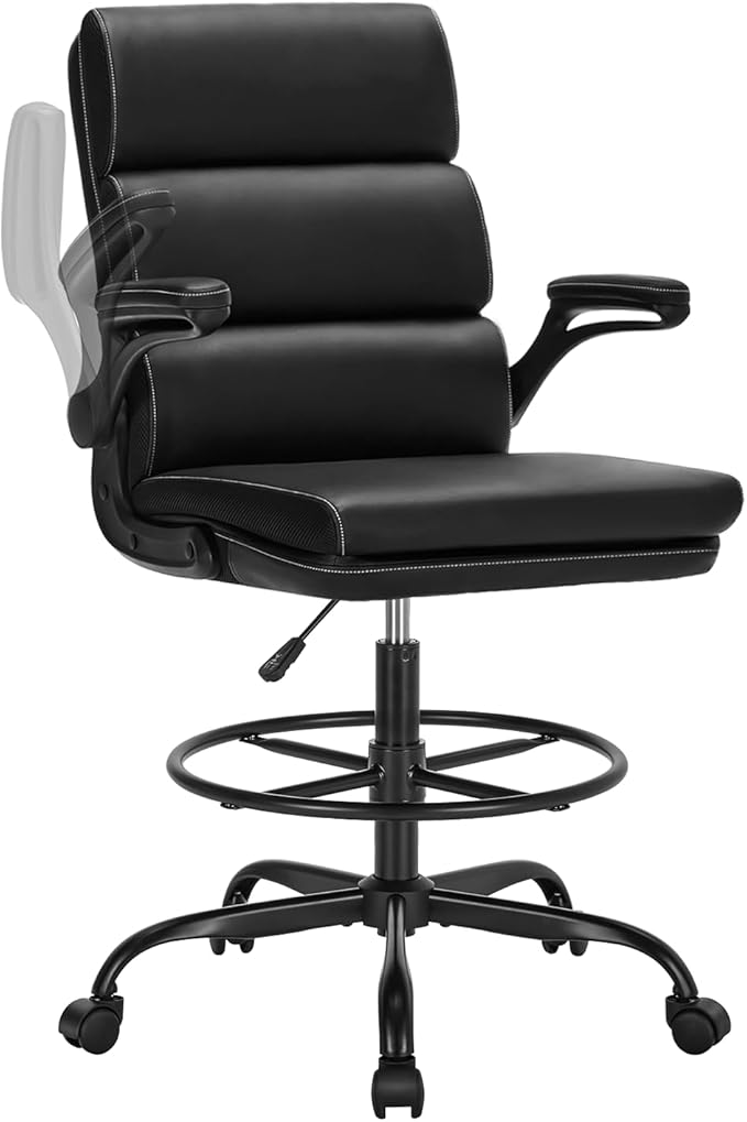 Drafting Chair Tall Office Chair with Padded Flip-up Armrests Executive Ergonomic Computer Standing Desk Chair with Comfortable Leather Backrest and Adjustable Footrest Ring (Black)-DeskLoop Office