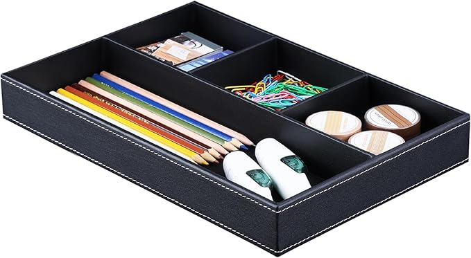 KINGFOM Pu Leather Desk Organizer Tray, 4 Compartment Office Storage Supplies Stationery Drawer Tray, Nightstand Bedside Tray for Key, Wallet, Sunglass, Watch, Coin, Phone Valet Tray Stackable Black-DeskLoop Office