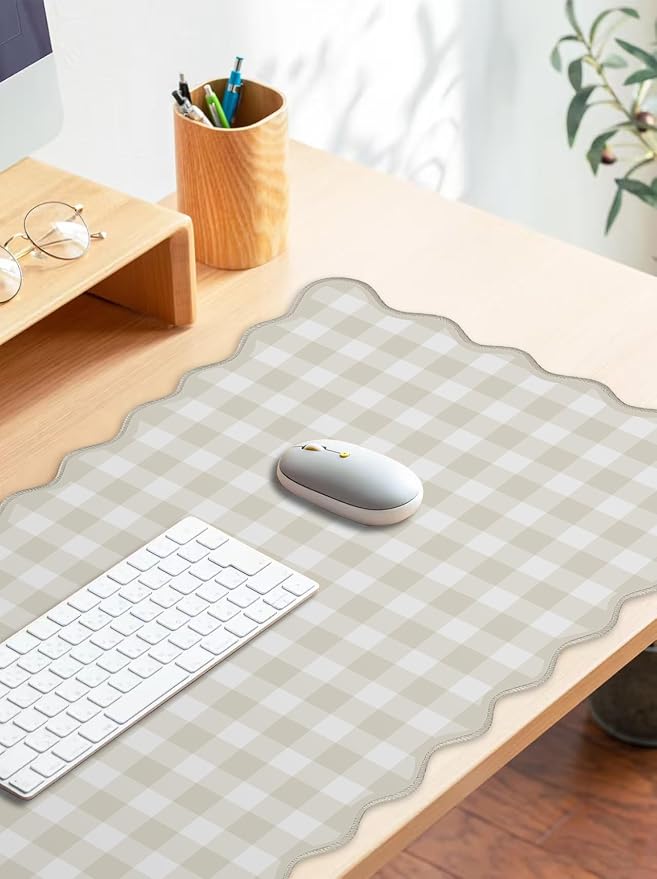 Scalloped‌ Beige Checkered Gingham Desk Mat Cute Pastel Large Mouse Pad Kawaii - Image 3