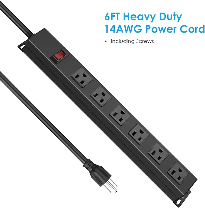 2Pack Metal Wall Mount Power Strip, Mountable Power Outlet with 6 AC Outlets, Aluminum Alloy Mount Power Socket with Switch, 6 FT SJT 3/C 14AWG Power Cord, 15A 125V 1875W (6AC)-DeskLoop Office