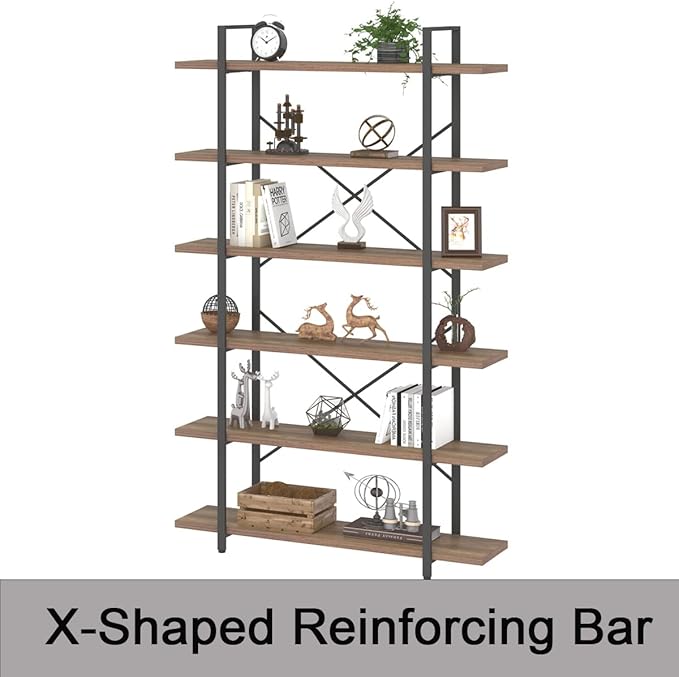 HSH Tall Bookcases and Book Shelves 6 Shelf, Metal Wooden Book Shelf and Storage Rack, Modern Etagere 6 Tier Bookshelf, Farmhouse Large Display Bookshelves for Bedroom Living Room Office, Rustic Oak-DeskLoop Office