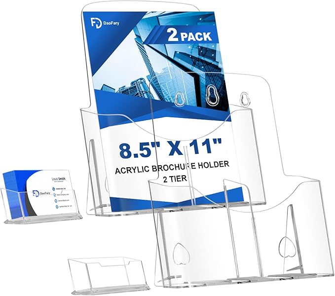 2 Pack Acrylic Brochure Holder 8.5 x 11 in with Business Card Holder, 1-Tier Brochure Display Stand with Removable Divider for 4 x 9 Inches Trifold Pamphlets, Clear Flyer Holde-DeskLoop Office