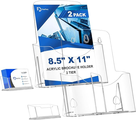 2 Pack Acrylic Brochure Holder 8.5 x 11 in with Business Card Holder, 1-Tier Brochure Display Stand with Removable Divider for 4 x 9 Inches Trifold Pamphlets, Clear Flyer Holde-DeskLoop Office