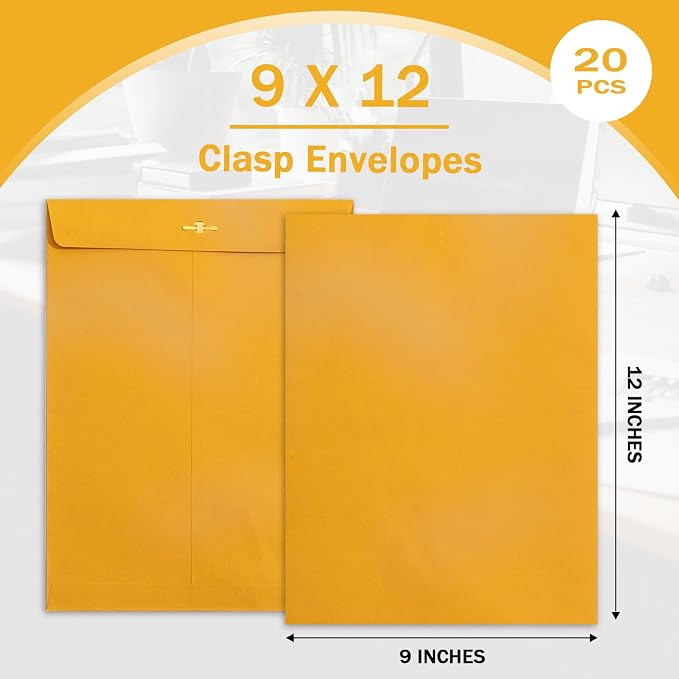 20 Pack Clasp Envelopes 9 x 12, 100 GSM Heavy Paper, Goefun Large Yellow - Image 3