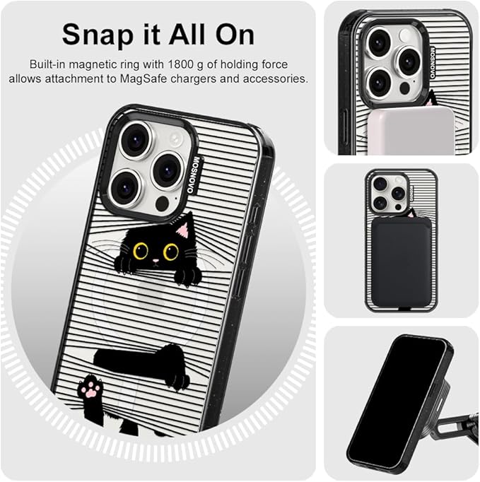 MOSNOVO Magnetic Case for iPhone 15 Pro, 10ft Military-Grade Protection, Compatible with Magsafe, Shockproof Phone Case for iPhone 15 Pro - Hidden Black Cat - Clear Black-DeskLoop Office