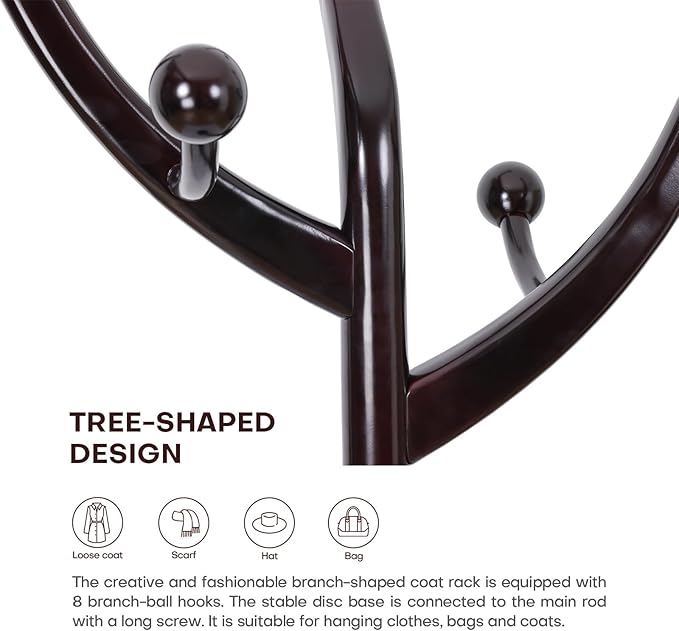 Coat Rack Tree Freestanding with Hooks, Heavy Duty Standing Wood Coat Rack with Solid Round Base, 74” Tree Shaped Coat Hanger Stand for Clothes, Hat, Jacket, Entryway Bedroom, Red Brown-DeskLoop Office