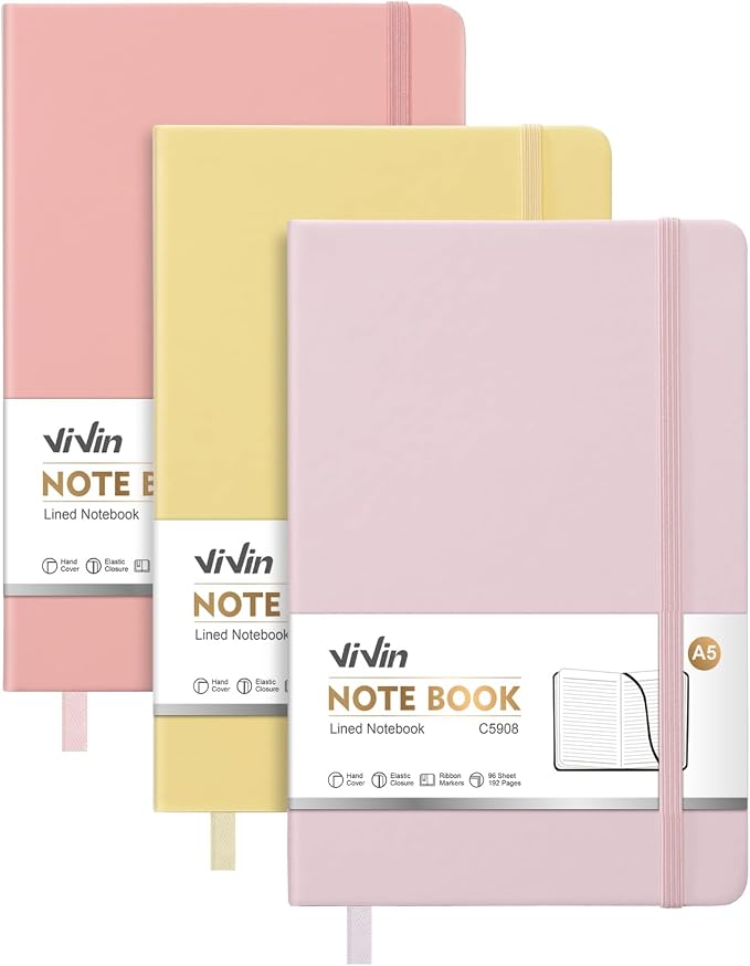 ViVin Lined Journal Notebooks, 3 Pack, 192 Pages, Medium 5.5 x 8.3 inch by ViVin