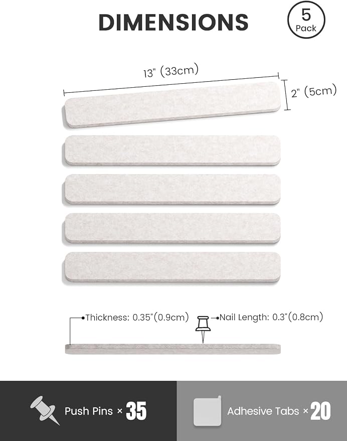 Fluxynara Cork Board Alternative Felt Strip Board 5-Pack 13"x2", Office Pin - Image 2