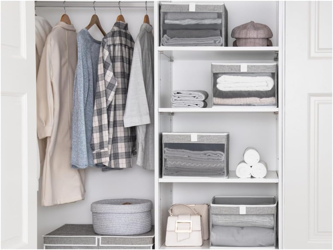 StorageWorks Closet Storage Bins, Large Storage Baskets with Clear Window and Handles, Foldable Fabric Organizer for Clothes, Shelves, Gray, 3 Pack-DeskLoop Office