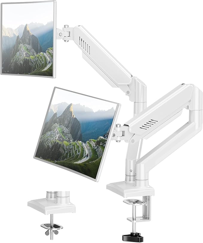 Dual Monitor Desk Mount - Adjustable Monitor Arm for 2 Monitors up to 32 inches/19.8 lbs, Double Monitor Stand VESA Bracket with C-Clamp & Grommet Mounting, Computer Screen Mount, White, Freelift-DeskLoop Office