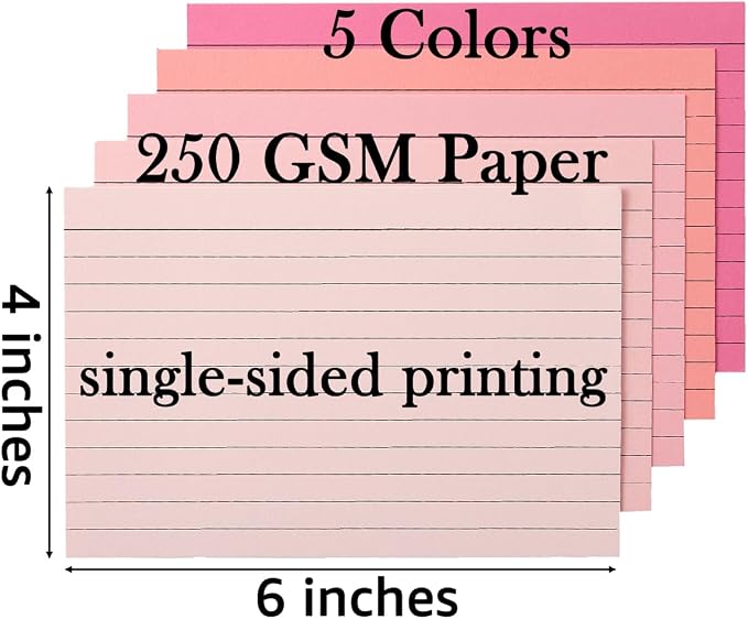 100 Sheets 4x6 Colored Ruled Note Cards Index Cards, 5 Pink | 250 GSM Heavy - Image 2