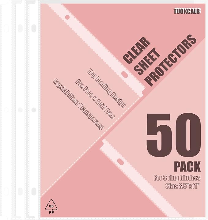 50 Pack Clear Sheet Protectors for 3 Ring Binder, Polypropylene Acid-Free by Unknown