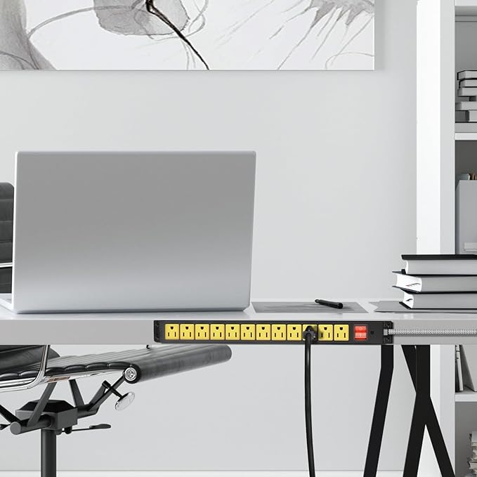 12 Outlet Heavy Duty Power Strip with 15A Circuit Breaker,Metal Wall Mount Power Strip for Garage Workshop Industrial 1200J 15A 125V 1875W 6ft Cord-DeskLoop Office