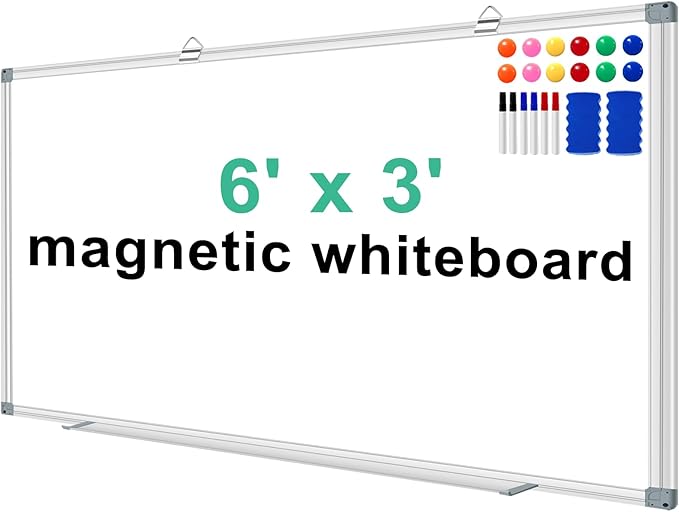 H-Qprobd Dry Erase White Board for Wall 6' x 3' Large Magnetic Whiteboard 72"x36" Aluminum Presentation Whiteboard with Long Pen Tray, 6 Markers, 2 Erasers &12 Magnets-DeskLoop Office