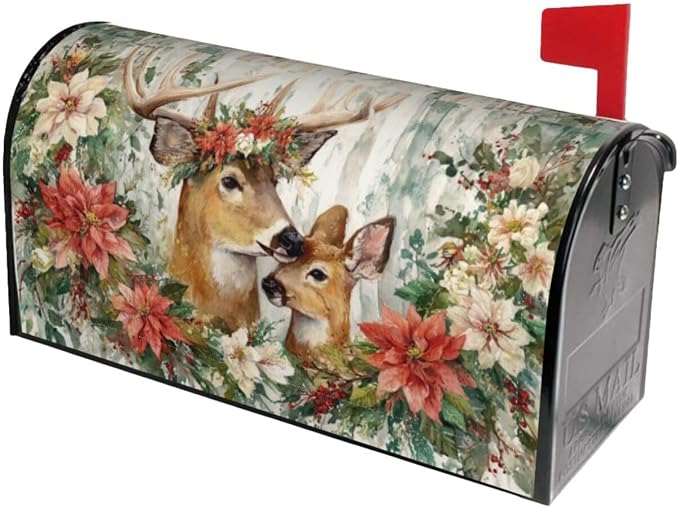 Xmas Deer Flowers Welcome Magnetic Mailbox Cover, Christmas Mailbox Wrap - Image 2