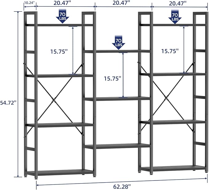 NUMENN Triple Wide 4 Tier Bookshelf, Adjustable Rustic Industrial Style - Image 3