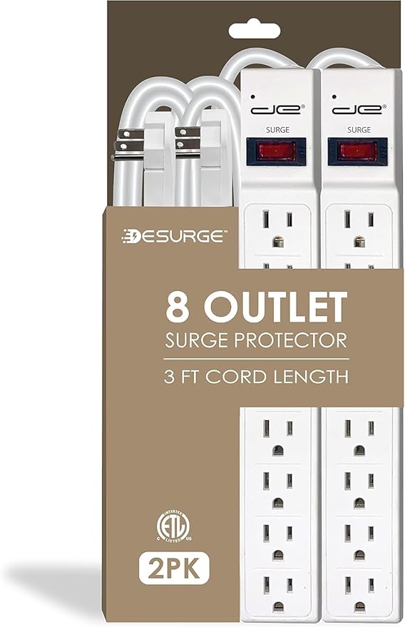 Digital Energy 8 Outlet Surge Protector - 15 AMP, 1875 W, 125 V, 350 J Surge Protection, ETL Listed - Flat Plug (White, 3 FT (Pack of 2))-DeskLoop Office