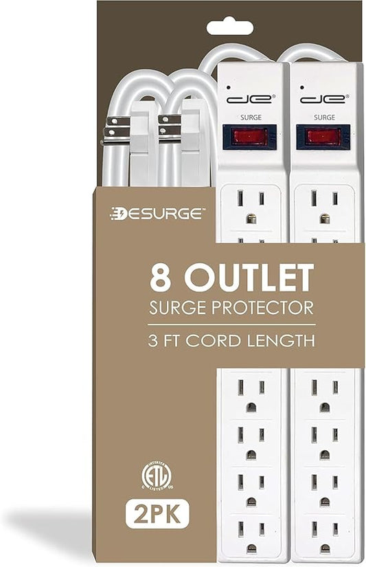Digital Energy 8 Outlet Surge Protector - 15 AMP, 1875 W, 125 V, 350 J Surge Protection, ETL Listed - Flat Plug (White, 3 FT (Pack of 2))-DeskLoop Office