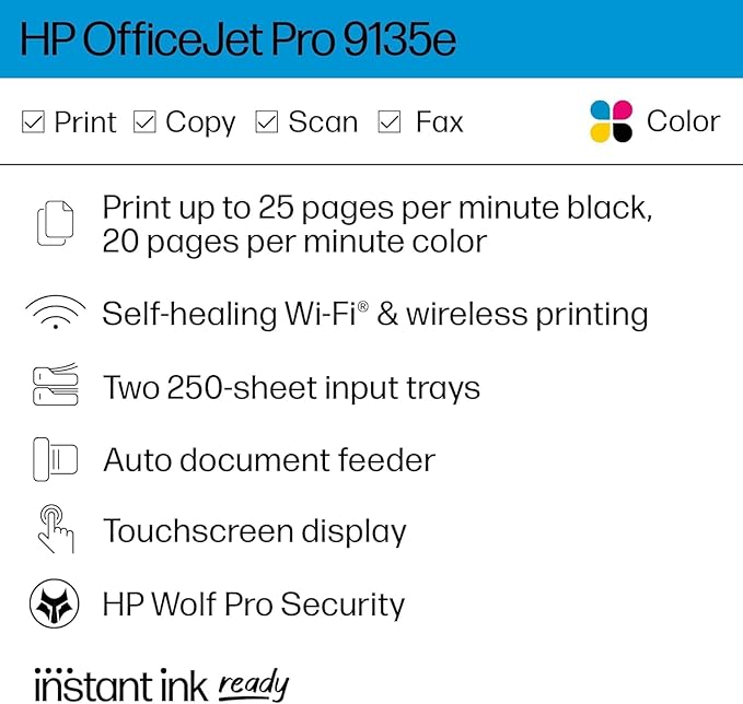 HP OfficeJet Pro 9135e All-in-One Printer, Color, Printer-for-Small Medium Business, Print, Copy, scan, fax, Wireless, 3 Months of Instant Ink Included; Two-Sided Printing; Two-Side (Renewed Premium)-DeskLoop Office