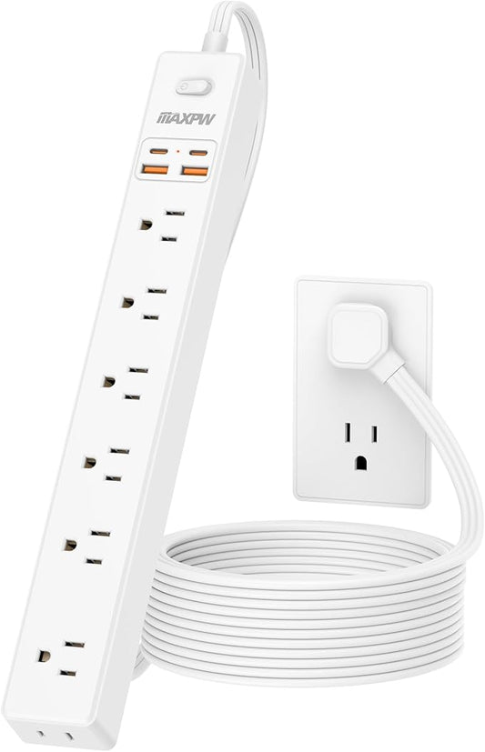 15 Ft Power Strip Surge Protector - 7 Outlets 4 USB Ports (2 USB C), Ultra Thin Flat Extension Cord & Flat Plug, 1700 Joules, Wall Mount, Desk Charging Station for Home Office Dorm, White-DeskLoop Office
