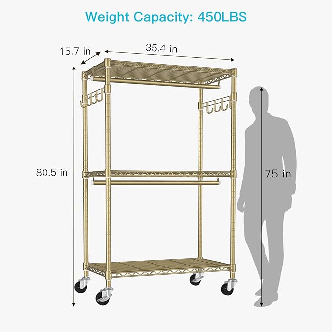 P1 Rolling Clothes Rack, Movable Metal Garment Closet Organizer with Lockable Wheels, Clothing Wardrobe with Double Hanger Rods and Hooks, 35.4" W x 15.7" D x 80.5" H, Load 450lbs, Gold-DeskLoop Office