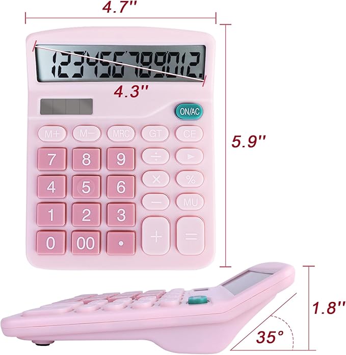 Basic Calculator with Comfortable Large LCD Display, 12 Digits Calculators Desktop, Tilt Screen, Big Button, Desk Calculator with Dual Power (Solar & Battery Included) (Pink)-DeskLoop Office